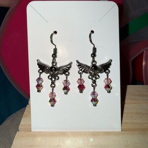 Elegant Silver tone and Pink Crystal Dangle Earrings